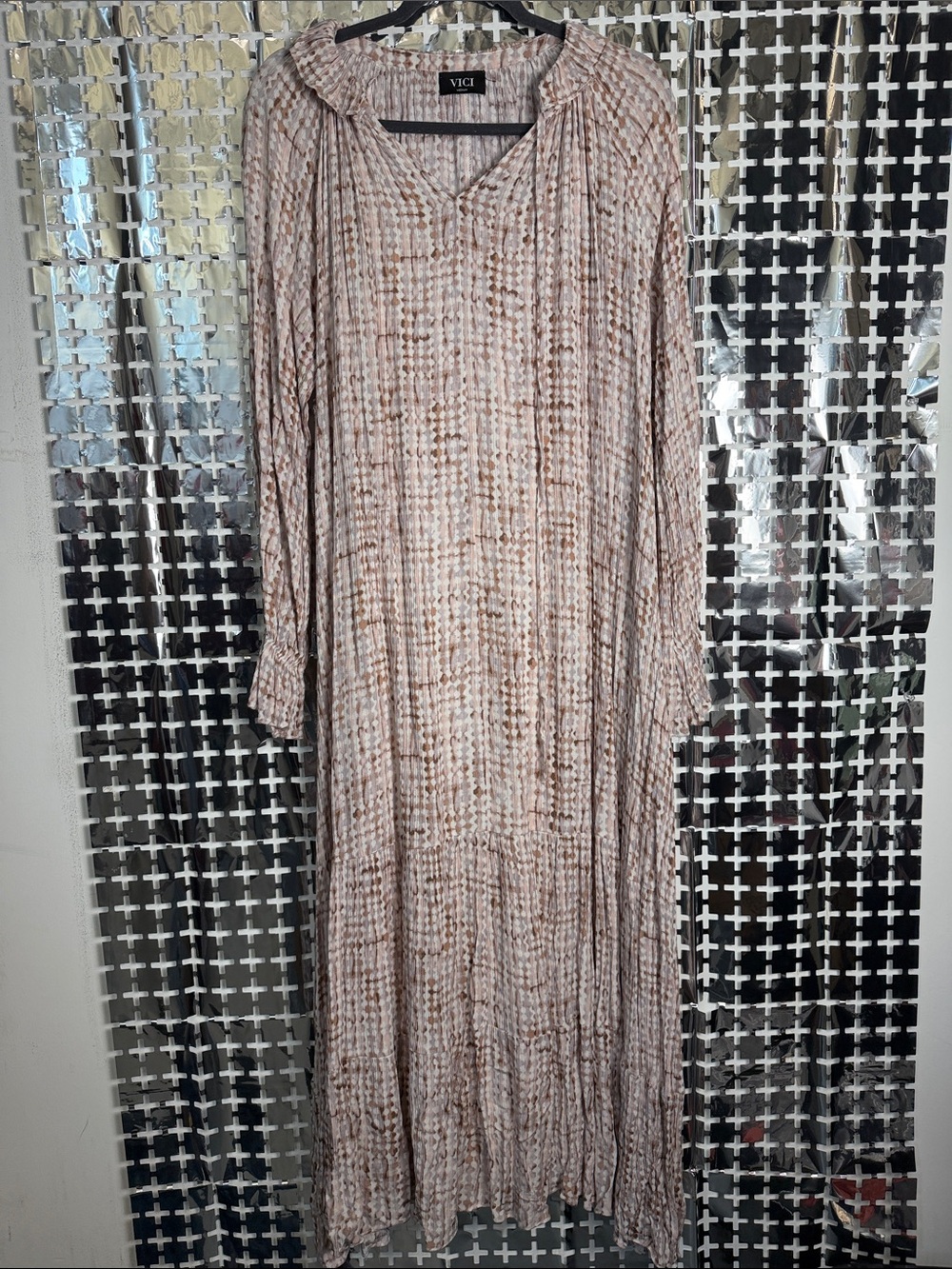 VICI Beige & Brown Printed Long Sleeve Maxi Dress
